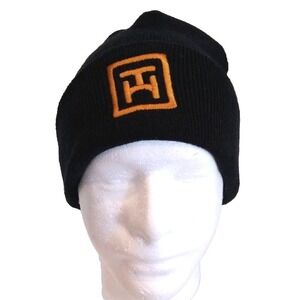 Tommy Hilfiger Black Knit Beanie Hat with Embroidered "TH" logo in a Gold Hue.
